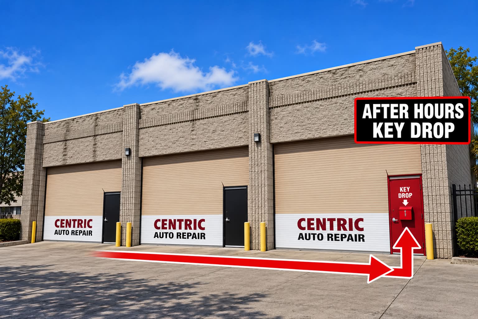 After-hours key drop on the red door at the right end of the service bays, marked with arrows
